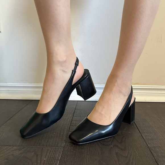 Black Square Toe Slingback Heels - Picture 1 of 4
